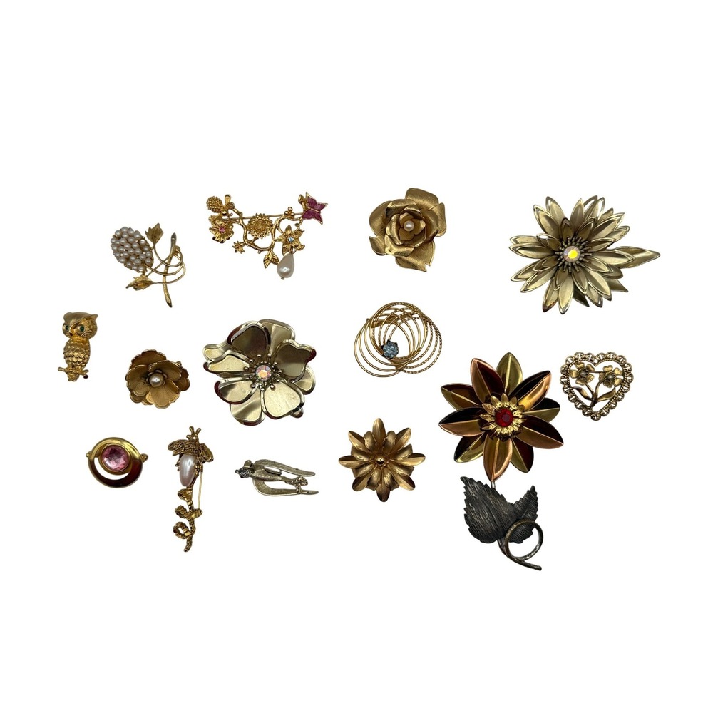 Vintage Avon, Pell, unbranded Brooch Lot Gold tone Floral Pearl Rhinestone Pins‎
